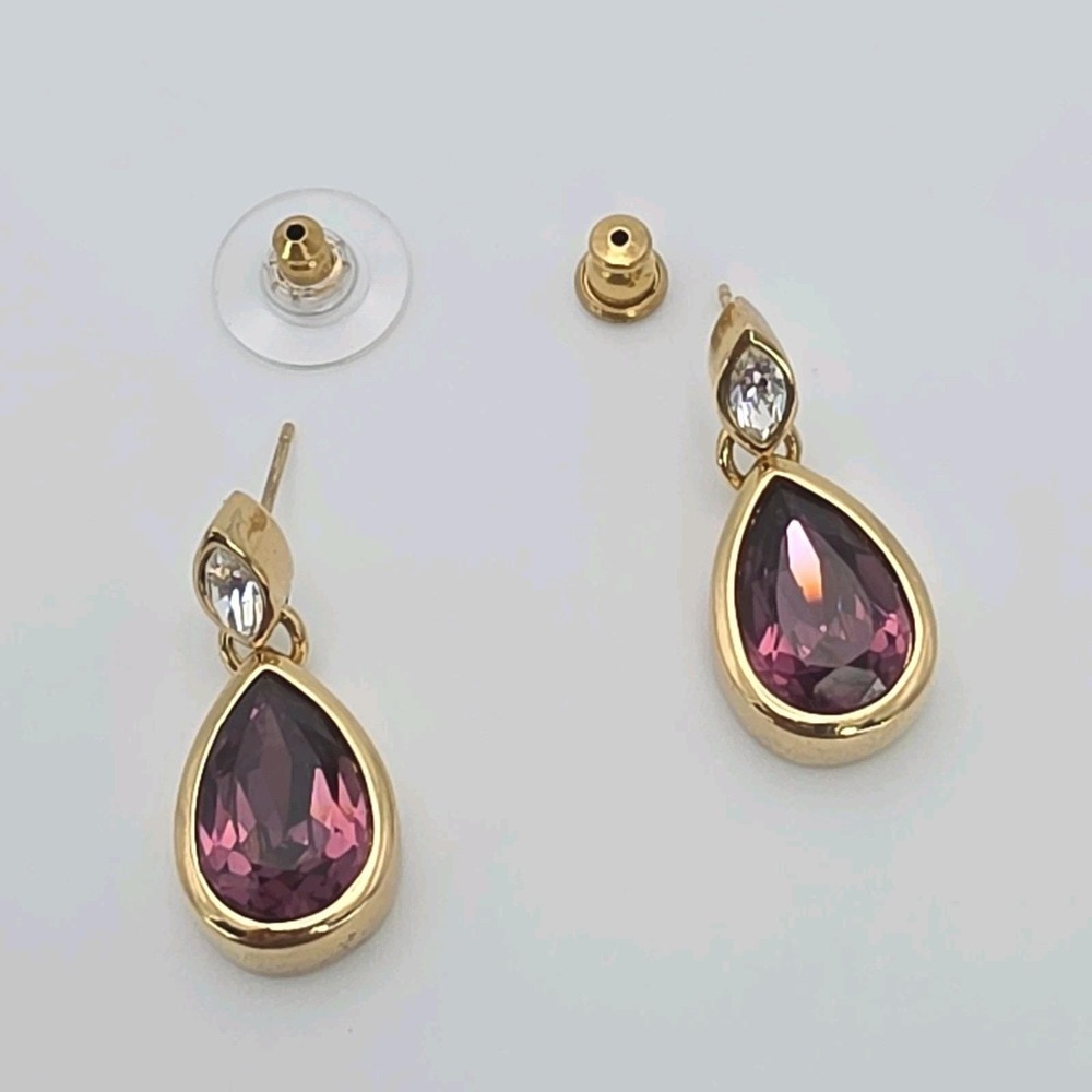 Vtg Signed SWAROVSKI Drop Earrings Plum Colored Pear Cut Crystal 18k Gold Plate
